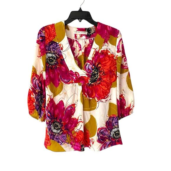 Trina Turk Silk V-Neck Bubble Sleeve Blouse Pink Cream Floral size small - Picture 2 of 7
